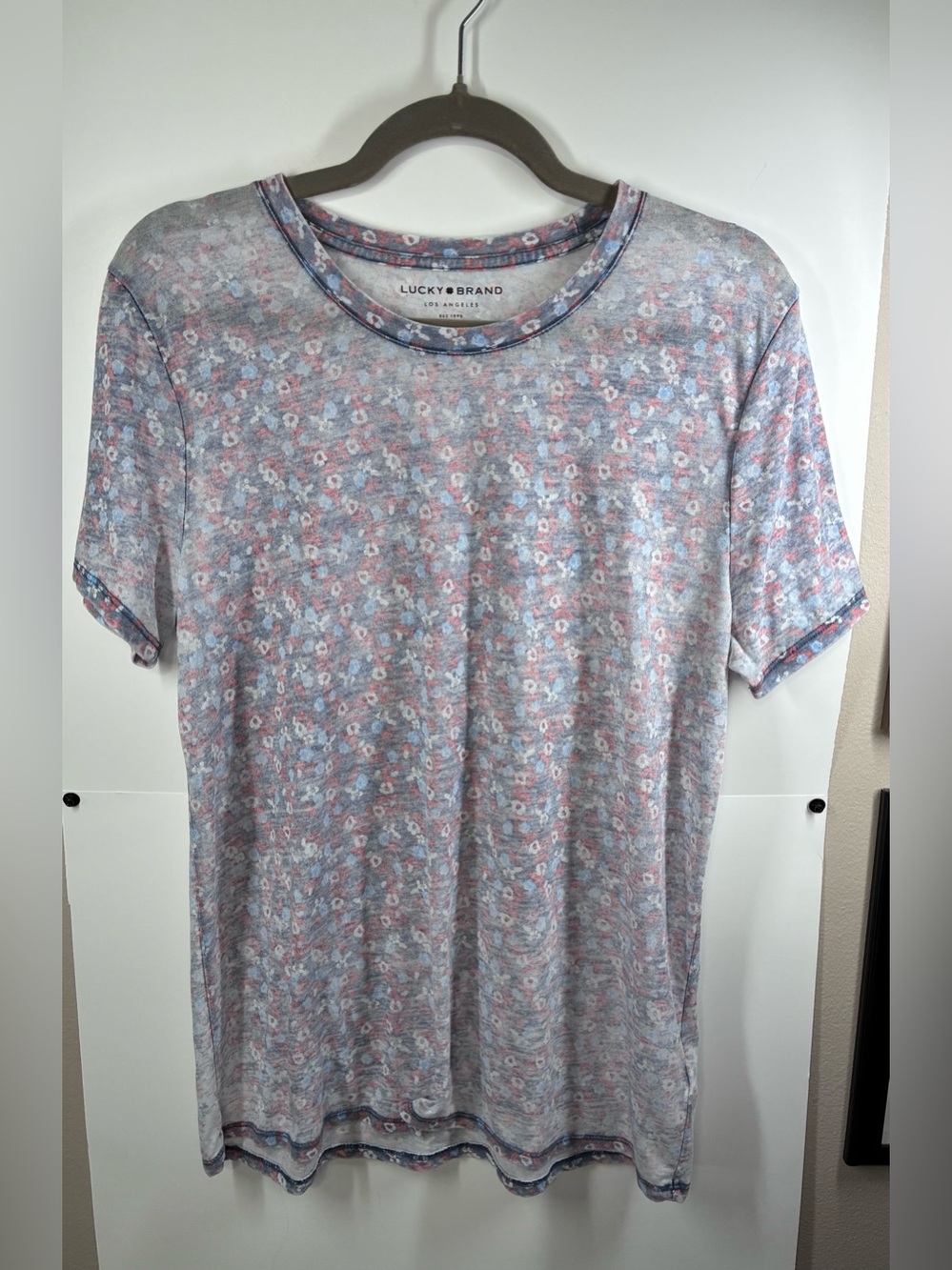 Lucky Brand Women's Large Blue Pink Floral Burnout Semi Sheer T-Shirt